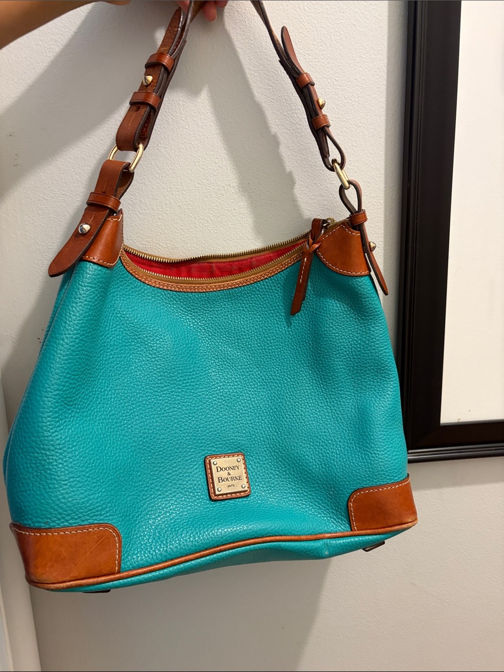 Dooney & Bourke Turquoise Pebbled Leather Shoulder Bag with Brown Trim